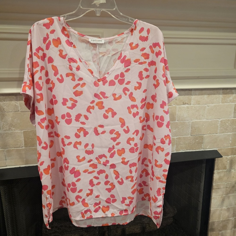 First Love Lovelyn Pink Boxy Womens 2x-3x Blouse Cheetah Print